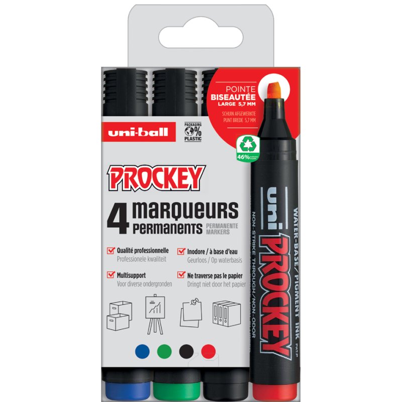 uni-ball permanente marker PROCKEY PM126/4 PF, keilpunt 5,7 mm, geurloos, 4 stuks